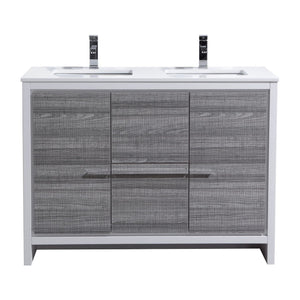 KUBEBATH Dolce AD648DHG 48" Double Bathroom Vanity in Ash Gray with White Quartz, Rectangle Sinks, front View