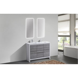 KUBEBATH Dolce AD648DHG 48" Double Bathroom Vanity in Ash Gray with White Quartz, Rectangle Sinks, Rendered Angled View