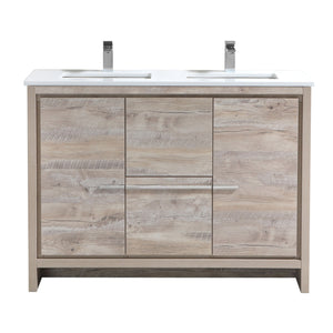 KUBEBATH Dolce AD648DNW 48" Double Bathroom Vanity in Nature Wood with White Quartz, Rectangle Sinks, Front View