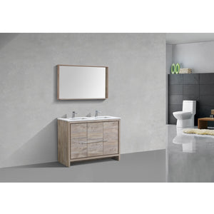 KUBEBATH Dolce AD648DNW 48" Double Bathroom Vanity in Nature Wood with White Quartz, Rectangle Sinks, Rendered Angled View