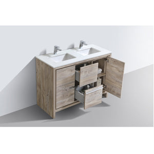 KUBEBATH Dolce AD648DNW 48" Double Bathroom Vanity in Nature Wood with White Quartz, Rectangle Sinks, Open Door and Drawers