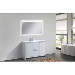 KUBEBATH Dolce AD648SGW 48" Single Bathroom Vanity in High Gloss White with White Quartz, Rectangle Sink, Rendered Angled View