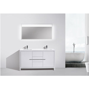 KUBEBATH Dolce AD660DGW 60" Double Bathroom Vanity in High Gloss White with White Quartz, Rectangle Sinks, Rendered Front View