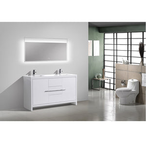 KUBEBATH Dolce AD660DGW 60" Double Bathroom Vanity in High Gloss White with White Quartz, Rectangle Sinks, Rendered Angled View