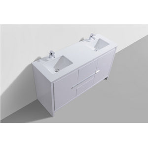 KUBEBATH Dolce AD660DGW 60" Double Bathroom Vanity in High Gloss White with White Quartz, Rectangle Sinks, Top Angled View and Countertop
