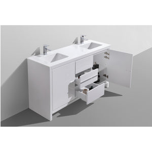 KUBEBATH Dolce AD660DGW 60" Double Bathroom Vanity in High Gloss White with White Quartz, Rectangle Sinks, Open Door and Drawers