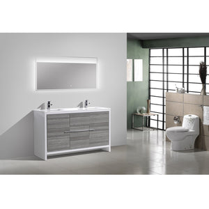 KUBEBATH Dolce AD660DHG 60" Double Bathroom Vanity in Ash Gray with White Quartz, Rectangle Sinks, Rendered Angled View