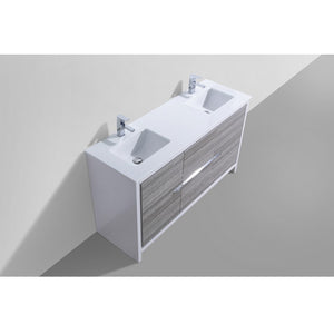 KUBEBATH Dolce AD660DHG 60" Double Bathroom Vanity in Ash Gray with White Quartz, Rectangle Sinks, Top Angled View and Countertop