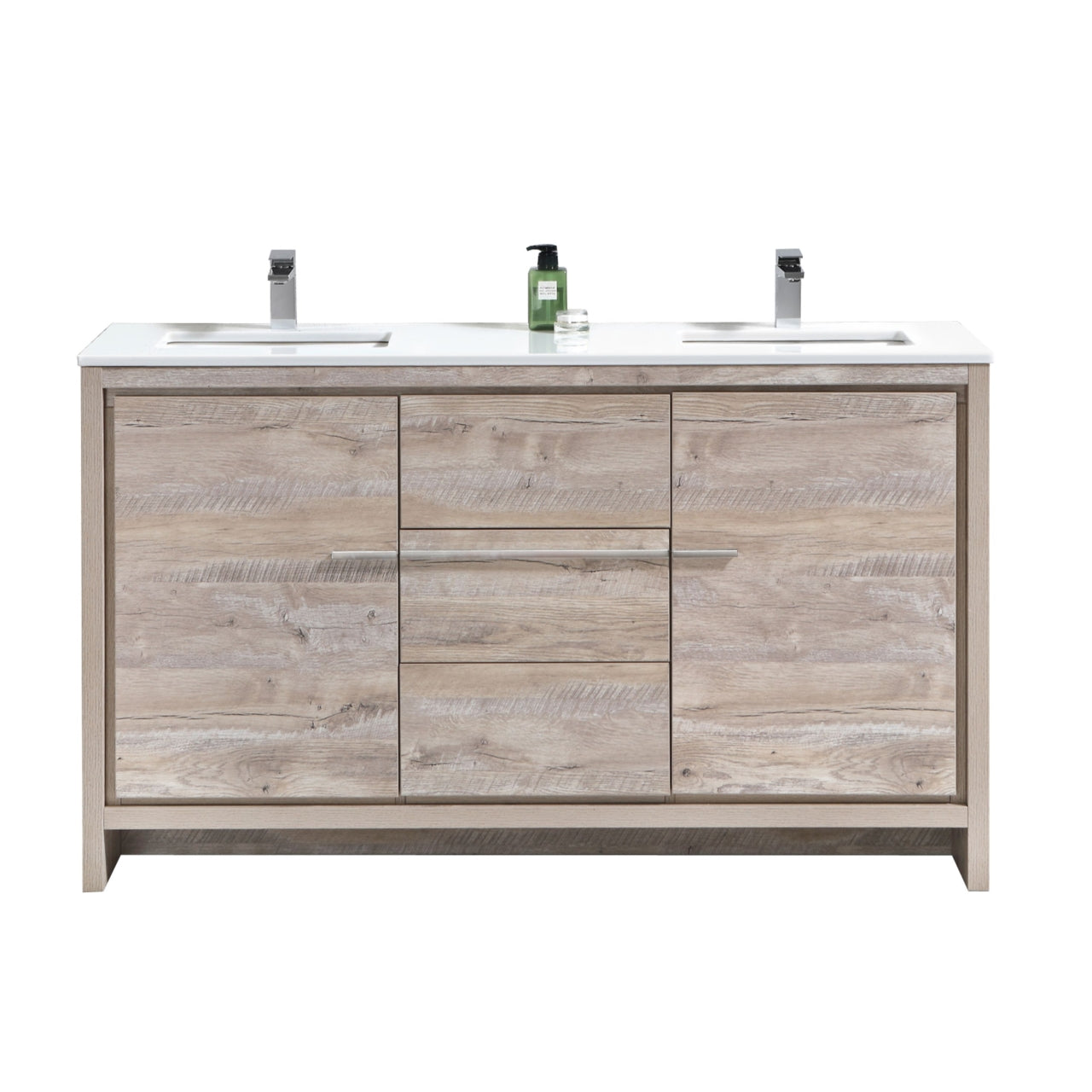 KUBEBATH Dolce AD660DNW 60" Double Bathroom Vanity in Nature Wood with White Quartz, Rectangle Sinks, Front View