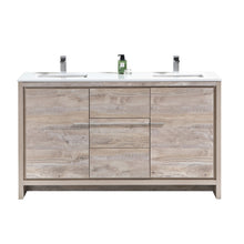 Load image into Gallery viewer, KUBEBATH Dolce AD660DNW 60&quot; Double Bathroom Vanity in Nature Wood with White Quartz, Rectangle Sinks, Front View