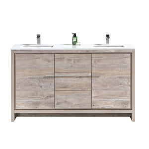 KUBEBATH Dolce AD660DNW 60" Double Bathroom Vanity in Nature Wood with White Quartz, Rectangle Sinks, Front View