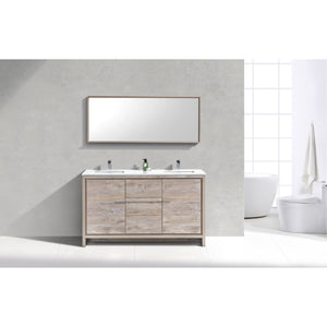 KUBEBATH Dolce AD660DNW 60" Double Bathroom Vanity in Nature Wood with White Quartz, Rectangle Sinks, Rendered Front View