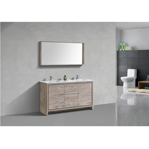 KUBEBATH Dolce AD660DNW 60" Double Bathroom Vanity in Nature Wood with White Quartz, Rectangle Sinks, Rendered Angled View