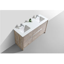 Load image into Gallery viewer, KUBEBATH Dolce AD660DNW 60&quot; Double Bathroom Vanity in Nature Wood with White Quartz, Rectangle Sinks, Top Angled View and Countertop