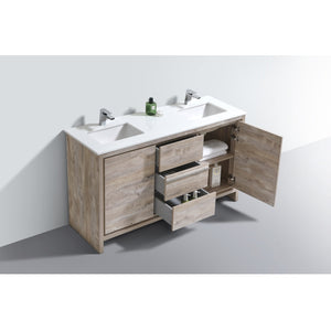 KUBEBATH Dolce AD660DNW 60" Double Bathroom Vanity in Nature Wood with White Quartz, Rectangle Sinks, Open Door and Drawers