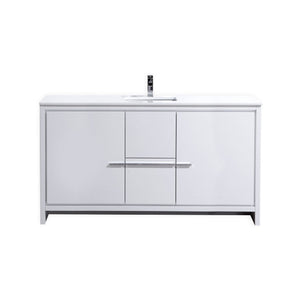 KUBEBATH Dolce AD660SGW 60" Single Bathroom Vanity in High Gloss White with White Quartz, Rectangle Sink, Front View