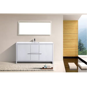 KUBEBATH Dolce AD660SGW 60" Single Bathroom Vanity in High Gloss White with White Quartz, Rectangle Sink, Rendered Front View