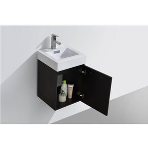KUBEBATH Bliss BSL16-BK 16" Single Wall Mount Bathroom Vanity in Black with White Acrylic Composite, Integrated Sin, Open Door