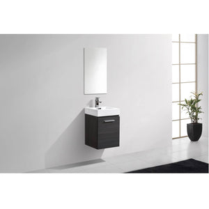 KUBEBATH Bliss BSL16-GO 16" Single Wall Mount Bathroom Vanity in Gray Oak with White Acrylic Composite, Integrated Sink, Rendered Angled Bathroom View