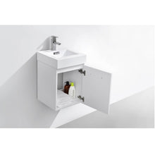 Load image into Gallery viewer, KUBEBATH Bliss BSL16-GW 16&quot; Single Wall Mount Bathroom Vanity in High Gloss White with White Acrylic Composite, Integrated Sink, Open Door