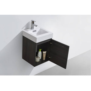 KUBEBATH Bliss BSL16-HGGO 16" Single Wall Mount Bathroom Vanity in High Gloss Gray Oak with White Acrylic Composite, Integrated Sink, Open Door