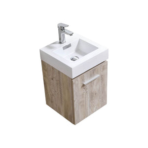 KUBEBATH Bliss BSL16-NW 16" Single Wall Mount Bathroom Vanity in Nature Wood with White Acrylic Composite, Integrated Sink, Angled View