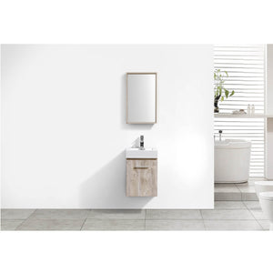 KUBEBATH Bliss BSL16-NW 16" Single Wall Mount Bathroom Vanity in Nature Wood with White Acrylic Composite, Integrated Sink, Rendered Bathroom Front View