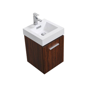 KUBEBATH Bliss BSL16-WNT 16" Single Wall Mount Bathroom Vanity in Walnut with White Acrylic Composite, Integrated Sink, Angled View