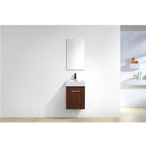 KUBEBATH Bliss BSL16-WNT 16" Single Wall Mount Bathroom Vanity in Walnut with White Acrylic Composite, Integrated Sink, Rendered Bathroom Front View