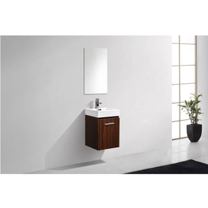KUBEBATH Bliss BSL16-WNT 16" Single Wall Mount Bathroom Vanity in Walnut with White Acrylic Composite, Integrated Sink, Rendered Angled Bathroom View