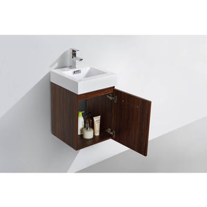 KUBEBATH Bliss BSL16-WNT 16" Single Wall Mount Bathroom Vanity in Walnut with White Acrylic Composite, Integrated Sink, Open Door