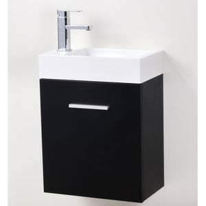 KUBEBATH Bliss BSL18-BK 18" Single Wall Mount Bathroom Vanity in Black with White Acrylic Composite, Integrated Sink, Angled View Closeup