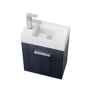KUBEBATH Bliss BSL18-GO 18" Single Wall Mount Bathroom Vanity in Gray Oak with White Acrylic Composite, Integrated Sink, Angled View