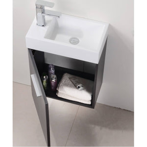 KUBEBATH Bliss BSL18-GO 18" Single Wall Mount Bathroom Vanity in Gray Oak with White Acrylic Composite, Integrated Sink, Open Door