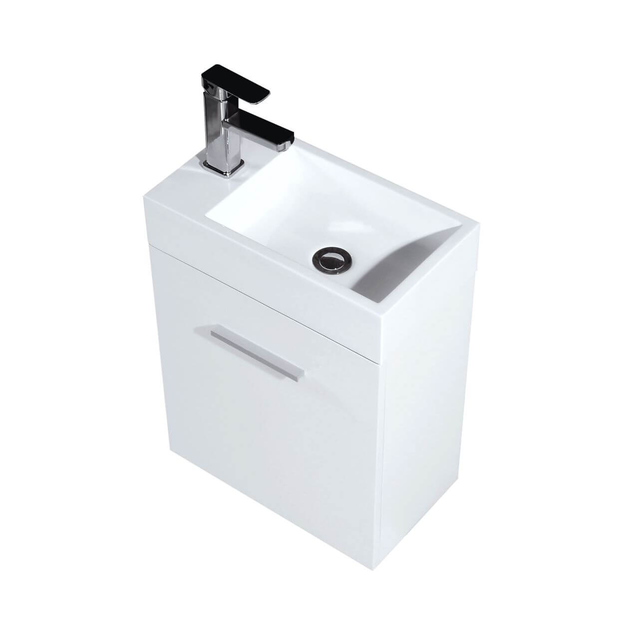 KUBEBATH Bliss BSL18-GW 18" Single Wall Mount Bathroom Vanity in High Gloss White with White Acrylic Composite, Integrated Sink, Angled View