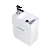Load image into Gallery viewer, KUBEBATH Bliss BSL18-GW 18&quot; Single Wall Mount Bathroom Vanity in High Gloss White with White Acrylic Composite, Integrated Sink, Angled View