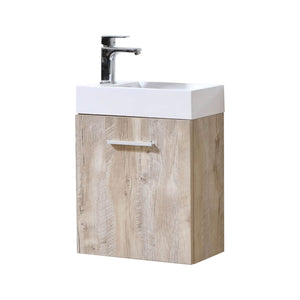 KUBEBATH Bliss BSL18-NW 18" Single Wall Mount Bathroom Vanity in Nature Wood with White Acrylic Composite, Integrated Sink, Front View