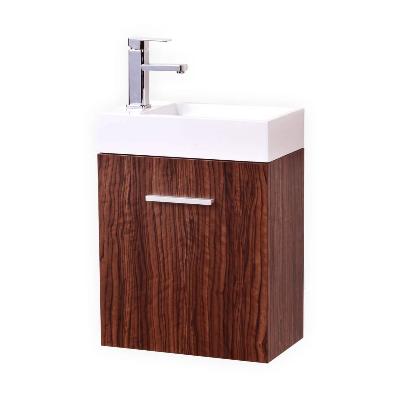 KUBEBATH Bliss BSL18-WNT 18" Single Wall Mount Bathroom Vanity in Walnut with White Acrylic Composite, Integrated Sink, Angled View