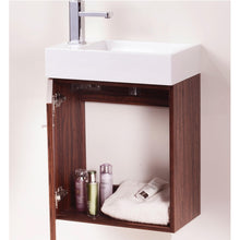 Load image into Gallery viewer, KUBEBATH Bliss BSL18-WNT 18&quot; Single Wall Mount Bathroom Vanity in Walnut with White Acrylic Composite, Integrated Sink, Open Door