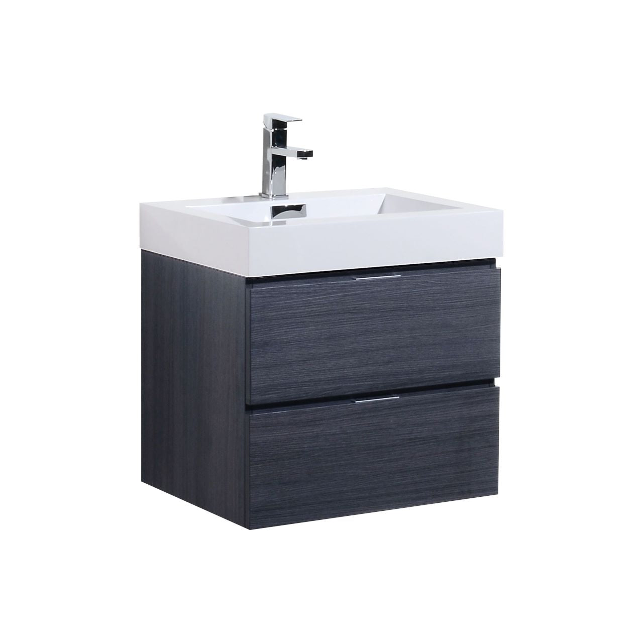 KUBEBATH Bliss BSL24-GO 24" Single Wall Mount Bathroom Vanity in Gray Oak with White Acrylic Composite, Integrated Sink, Angled View