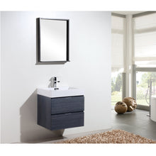 Load image into Gallery viewer, KUBEBATH Bliss BSL24-GO 24&quot; Single Wall Mount Bathroom Vanity in Gray Oak with White Acrylic Composite, Integrated Sink, Rendered Angled View