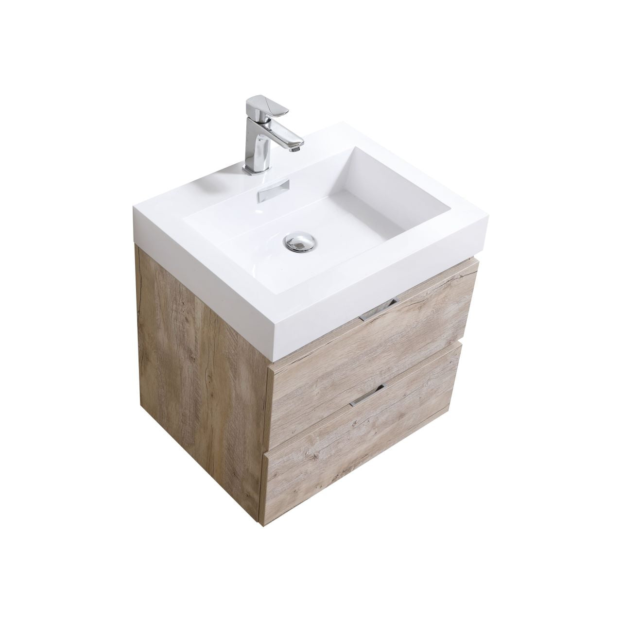 KUBEBATH Bliss BSL24-NW 24" Single Wall Mount Bathroom Vanity in Nature Wood with White Acrylic Composite, Integrated Sink, Angled View