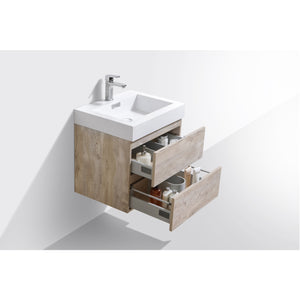 KUBEBATH Bliss BSL24-NW 24" Single Wall Mount Bathroom Vanity in Nature Wood with White Acrylic Composite, Integrated Sink, Open Drawers