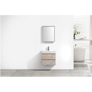 KUBEBATH Bliss BSL24-NW 24" Single Wall Mount Bathroom Vanity in Nature Wood with White Acrylic Composite, Integrated Sink, Rendered Front View