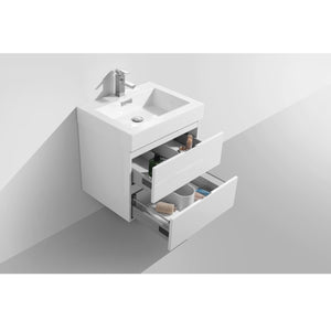 KUBEBATH Bliss BSL24-GW 24" Single Wall Mount Bathroom Vanity in High Gloss White with White Acrylic Composite, Integrated Sink, Open Drawers