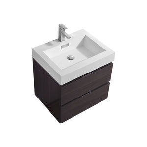 KUBEBATH Bliss BSL24-HGGO 24" Single Wall Mount Bathroom Vanity in High Gloss Gray Oak with White Acrylic Composite, Integrated Sink, Angled View
