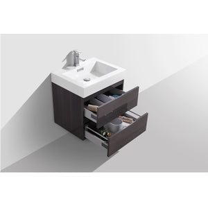 KUBEBATH Bliss BSL24-HGGO 24" Single Wall Mount Bathroom Vanity in High Gloss Gray Oak with White Acrylic Composite, Integrated Sink, Open Drawers