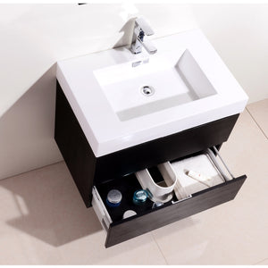 KUBEBATH Bliss BSL30-BK 30" Single Wall Mount Bathroom Vanity in Black with White Acrylic Composite, Integrated Sink, Open Bottom Drawer