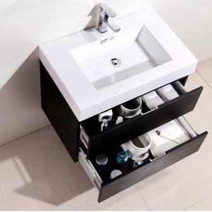 KUBEBATH Bliss BSL30-BK 30" Single Wall Mount Bathroom Vanity in Black with White Acrylic Composite, Integrated Sink, Open Drawers