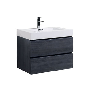 KUBEBATH Bliss BSL30-GO 30" Single Wall Mount Bathroom Vanity in Gray Oak with White Acrylic Composite, Integrated Sink, Angled View